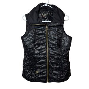 Michael Kors Womens Black Quilted Puffer Vest Gold Logo Zipper Collar Size Small